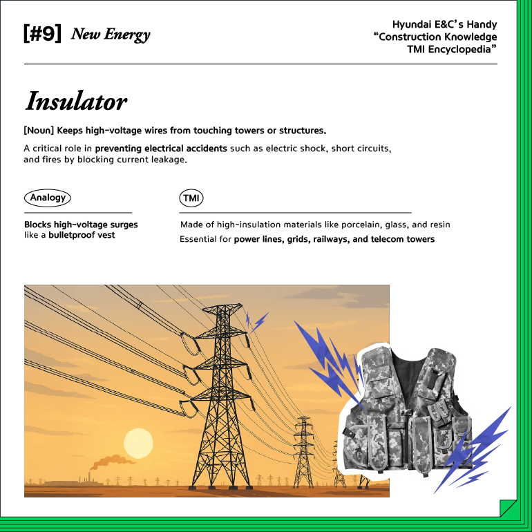#9. New Energy Insulator [Noun] Keeps high-voltage wires from touching towers or structures A critical role in preventing electrical accidents such as electric shock, short circuits, and fires by blocking current leakage Analogy Blocks high-voltage surges like a bulletproof vest TMI Made of high-insulation materials like porcelain, glass, and resin Essential for power lines, grids, railways, and telecom towers
